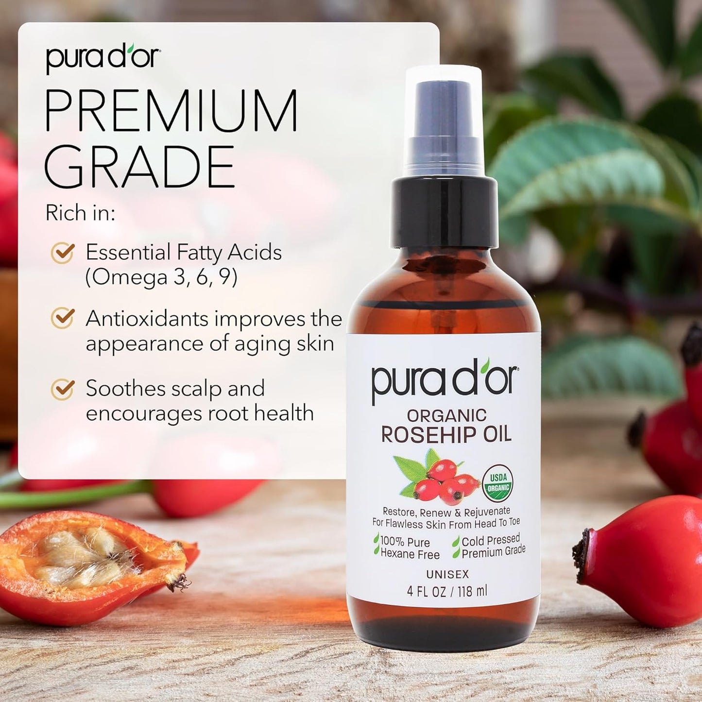 PURA D'OR ORGANIC Rosehip Seed Oil 4 Oz (118 ml) - 100% Pure Cold Pressed USDA Certified, Natural Moisturizer for Face, Hair & Skin - Suitable for Women & Men