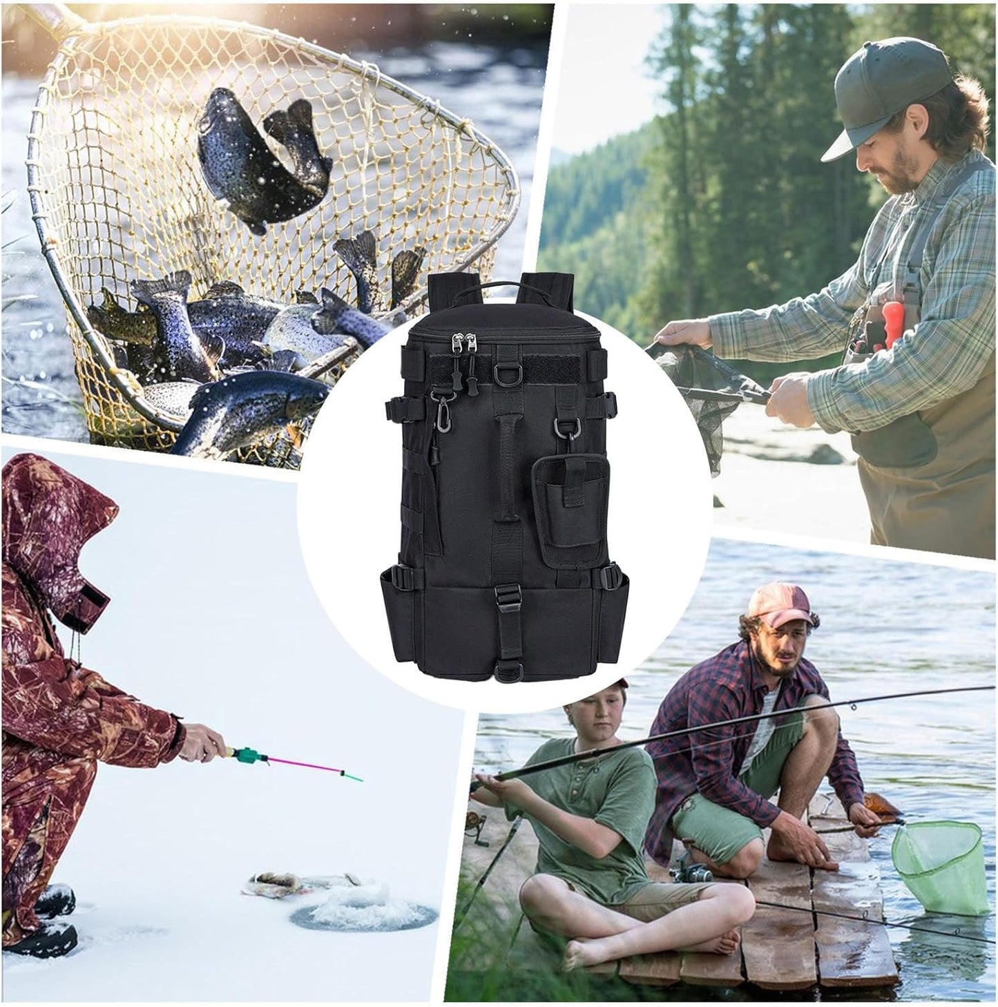 Fishing Fusion Backpack, Waterproof Survival Daypack Rod Holder, Bait Gear Storage, 21x47x13cm for Kayak Trips, Hiking, Camping, Hunting, and Weekend Adventures Motorcycle Travel