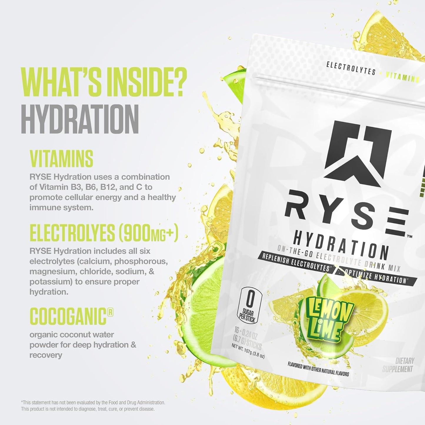 Ryse Core Hydration 16 Serve Lemon Lime Electrolyte Supplement Powder 102.4 g