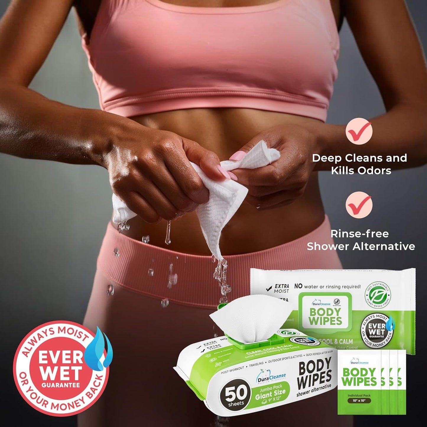 Body Wipes for Women, Extra Moist No Rinse Bathing Wipes (2pk), 100 XL Shower Cloths + 8 Deodorizing Bath Cloths - 9"x12" Travel Size After Gym Cleaning Essentials, Toiletries for Womens Hygiene