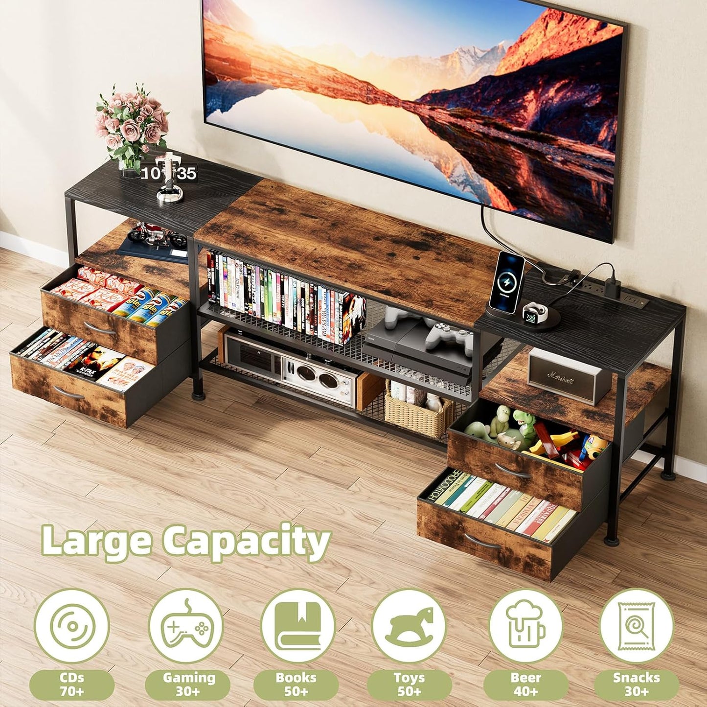 Chleby Fabric Dresser with 4 Drawers TV Cabinet Fabric and Leather with Socket and LED Light Strip Fabric Chest of Drawers for Living Room, Bedroom, Children's Room, Brown
