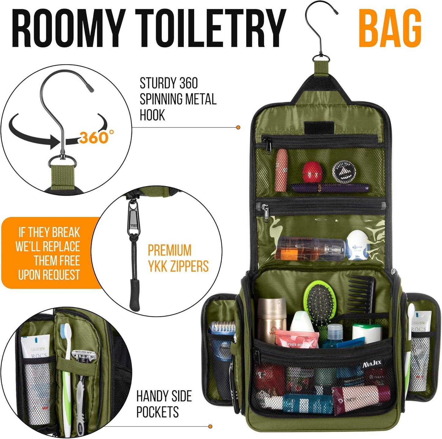 Travel Toiletry Bag for Men and Women - Large Hanging Toiletry Organizer - Waterproof Hygiene Bag with Metal XXL Swivel Hook, with YKK Zippers and 19 Compartments for Toiletries, Makeup, Cosmetics