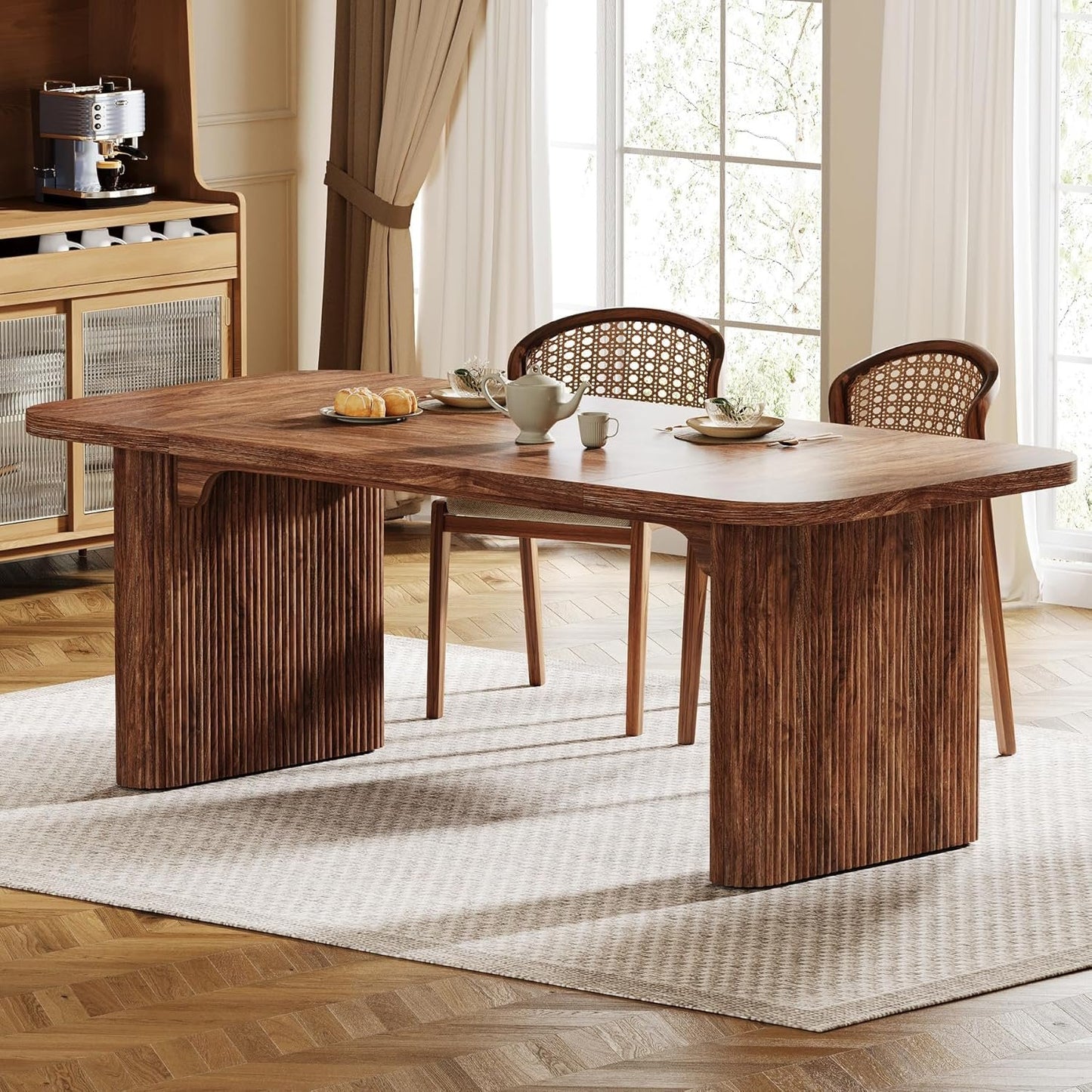 Tribesigns Farmhouse Dining Table for 4-6 People, 62-Inch Modern Kitchen Table with Double Robust Pedestal, Long Rectangular Wooden Dinner Table for Dining Room (Only Table) (Brown)