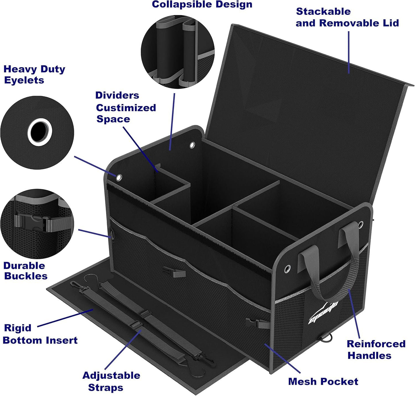 EPAuto Car Trunk Foldable Multi-Compartment Car Organizer with Removal Lid, Securing Straps and Buckles for Folding, Black