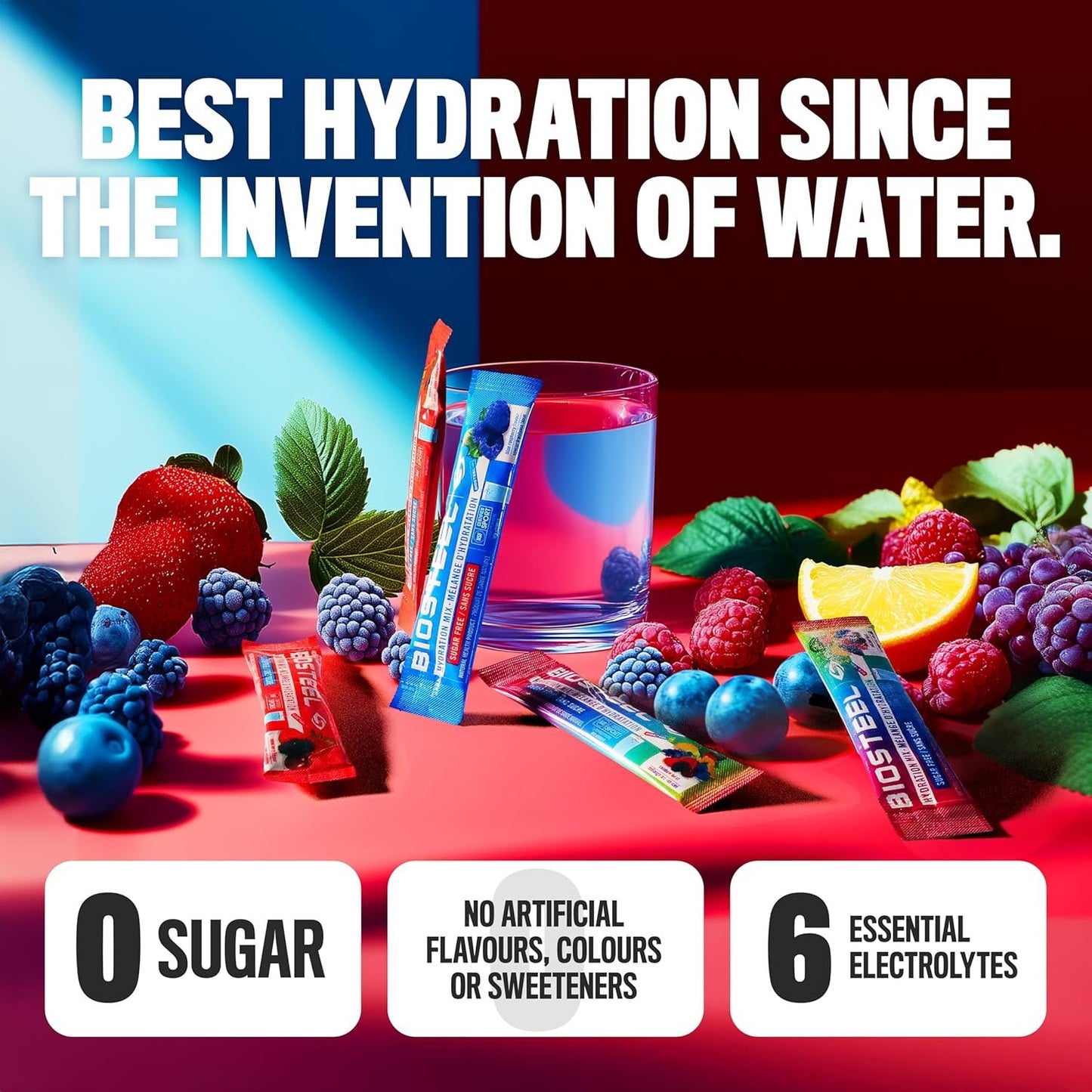 BIOSTEEL Zero Sugar Sports Hydration Mix Variety - Mixed Berry, Rainbow Twist & Blue Raspberry Flavours, 30 Packets