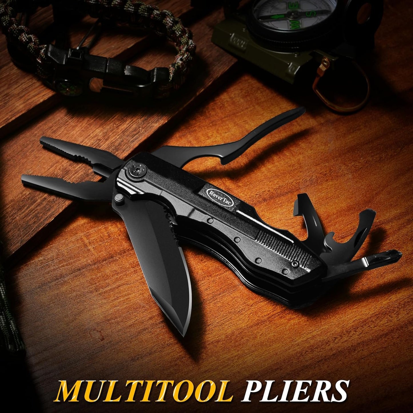 RoverTac Pocket Knife Tactical Folding Knife Multi Tool Survival Camping Knife, Multitool Knife Pliers Bottle & Can Opener 9-Pack Screwdrivers Liner Lock Nylon Sheath, Pocket Knife for Camping Hiking