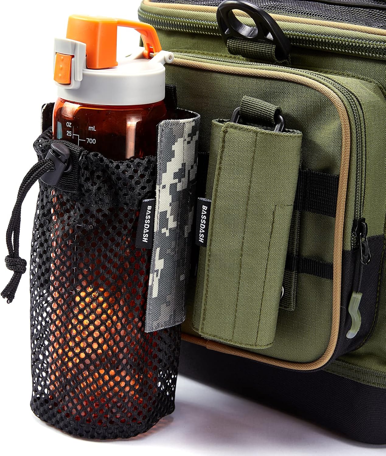 Bassdash Tactical Molle Water Bottle Pouch with Carabiner Foldable Mesh Holder Bag for Travel Fishing Hunting Hiking Outdoor Activities