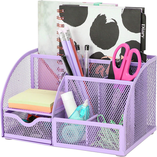 EXERZ Desk Organiser/Mesh Desk Tidy Caddy/Pencil Holder Multifunctional with 7 Compartments - Light Purple