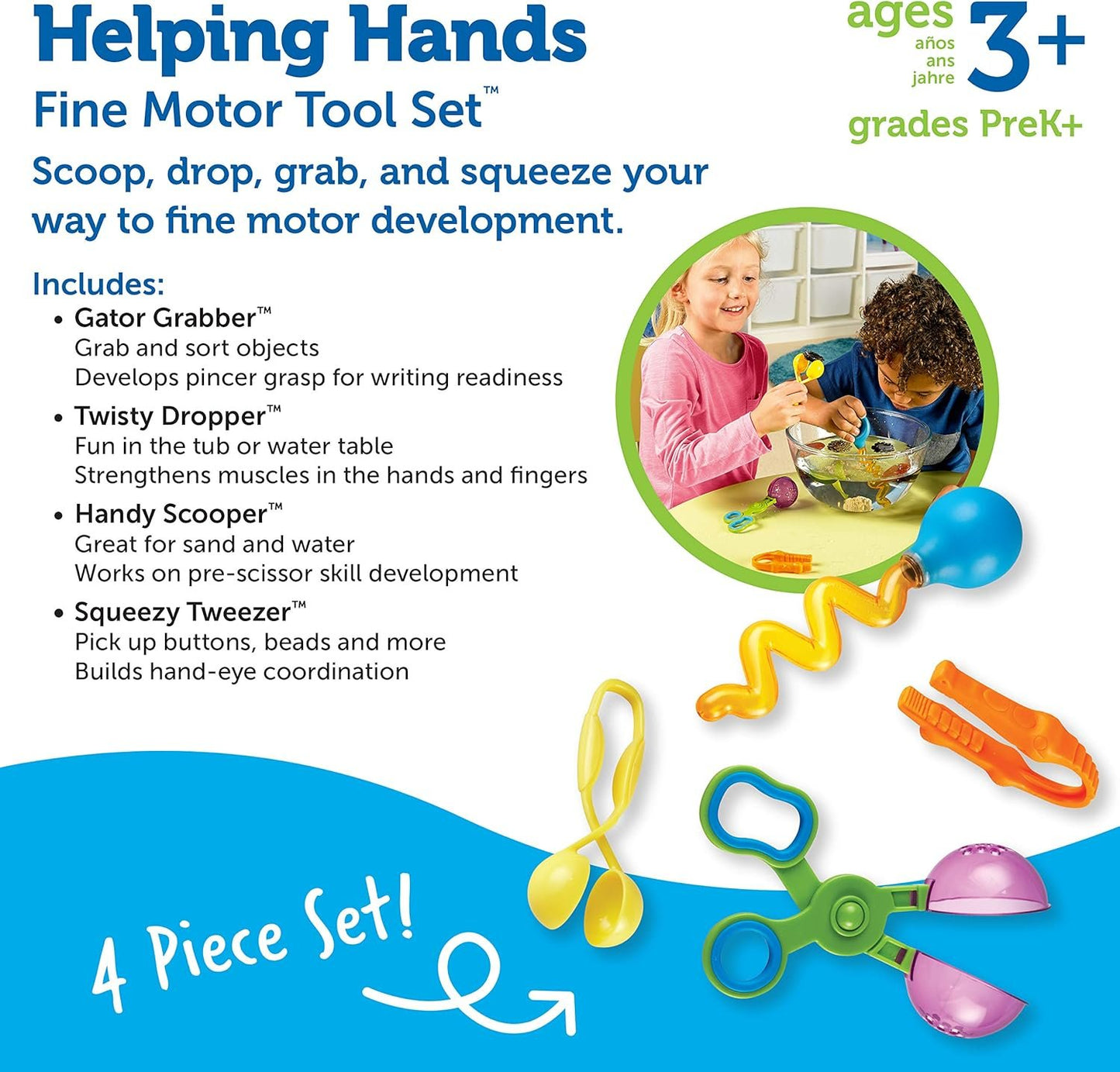 Learning Resources Helping Hands Fine Motor Tool Set Toy - 4 Pieces, Ages 3+ Fine Motor and Sensory Play Toys, Toddler Tweezers, Sensory Bin Toys