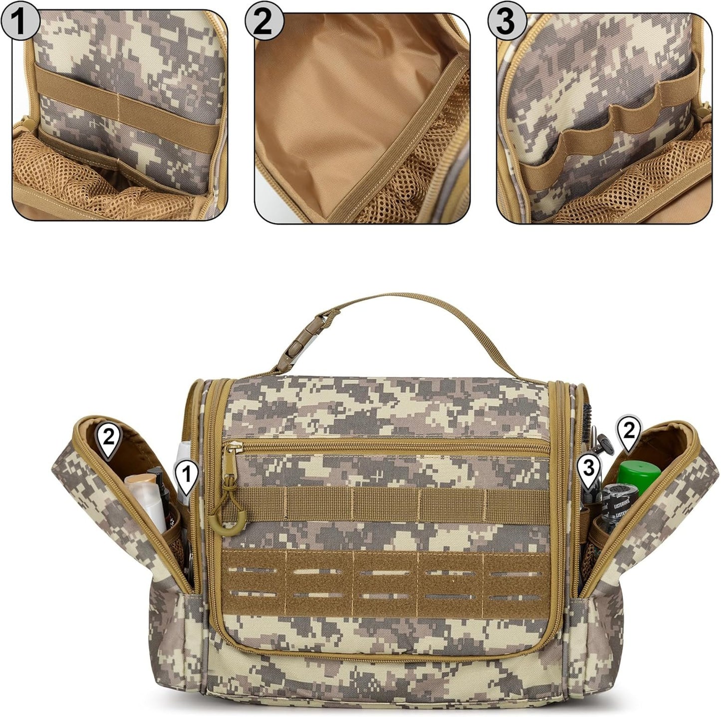 Prokva Tactical Toiletry Bag for Travel Men Dopp Kit Hygiene Bag Shower Organizer with Hooks for Toiletries and Shaving Care Black (Empty Bag), Camouflage Brown