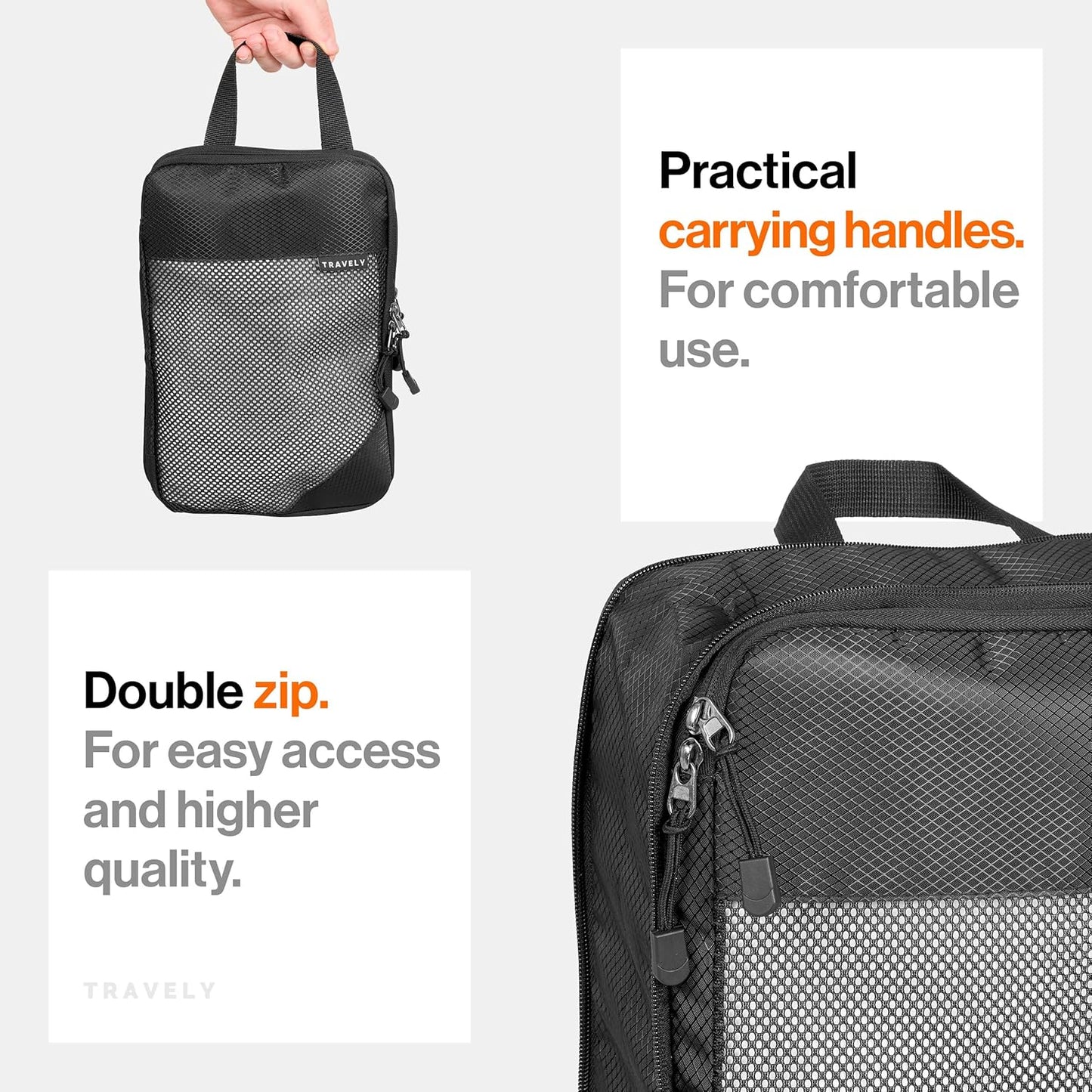 TRAVELY Packing Cube Compression - Size M - Black Polyester Packing Bag with Zipper Closure - Space-Saving Compression for Travel Organization