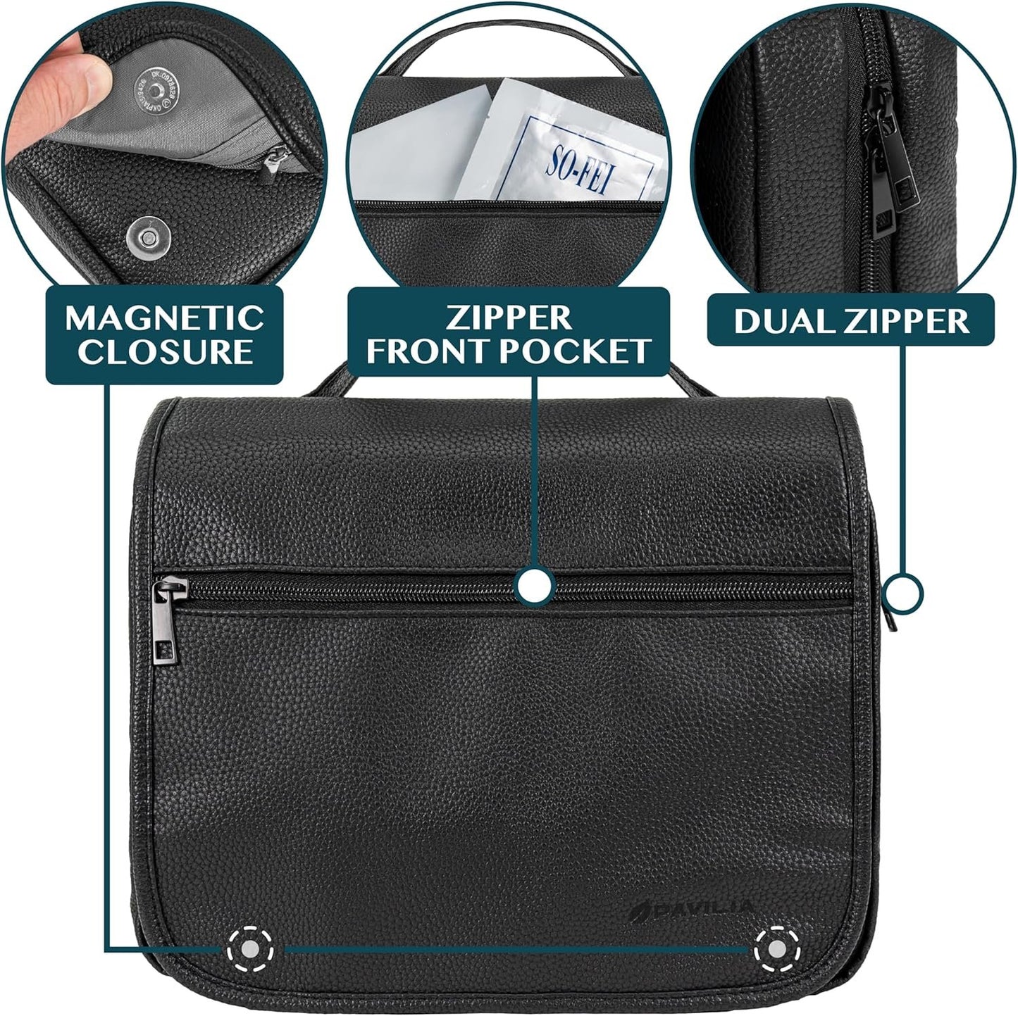 PAVILIA Hanging Toiletry Bag Women Men, Foldable Cosmetic Organizer Travel Bag, Water Resistant Makeup Bag Toiletries, Large Travel Essentials Kit, Black, Large