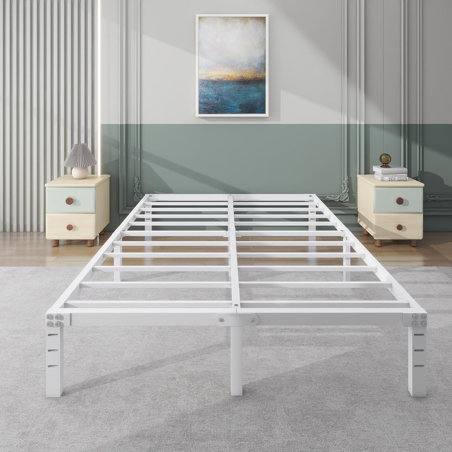 14 Inch Metal Platform Bed Frame No Box Spring Needed Heavy Duty Steel Slat Bed Frame Underbed Storage,White (Full)