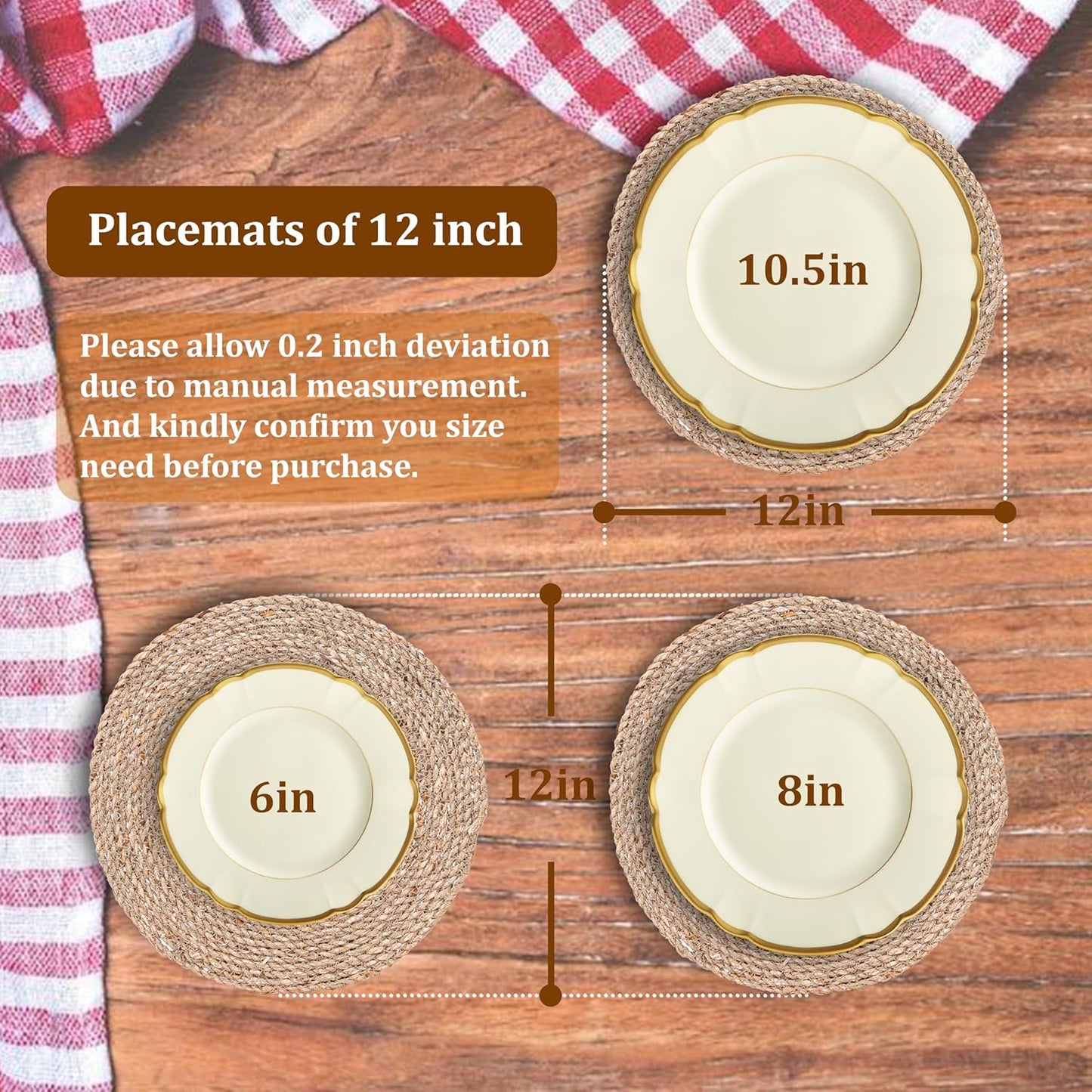 Woven Placemats Set of 12, Round 12" Boho Rattan Natural Hand-Woven Seagrass Placemats, Farmhouse Weave Place Mats, Rustic Braided Wicker Table Mats for Dining Table, Home, Wedding