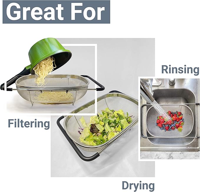 Makerstep Over the Sink Colander Strainer Basket Stainless Steel, For Kitchen Sink with Rubber Grip, Fine Mesh, Large Kitchen Gadgets Tools, Expandable Home Kitchen Essentials