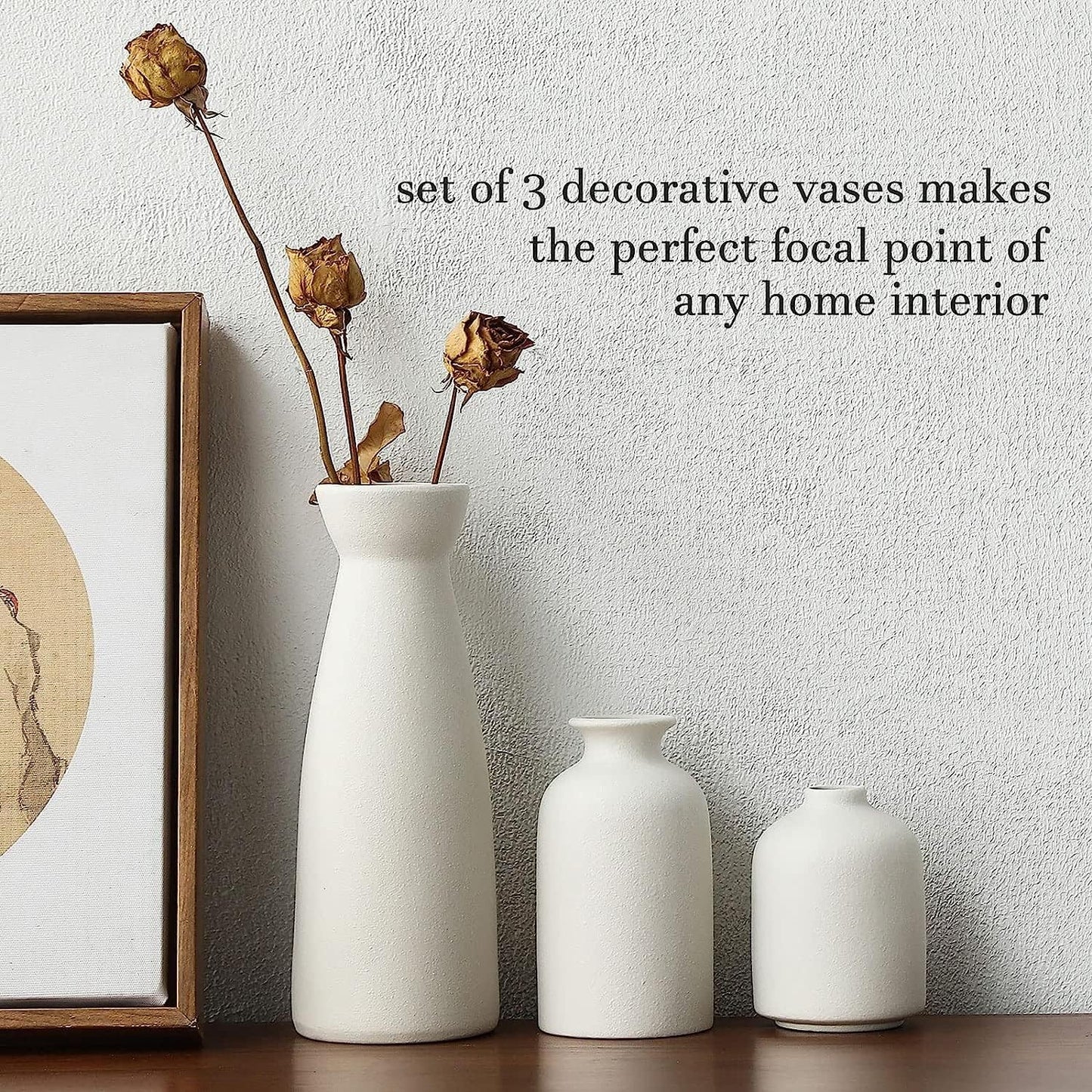 Set of 3 Modern Nordic Ceramic vases in Matte White Finish,Minimalist Decorative Vases for Living Room Bookshelf Table Centerpiece Entrance Decor