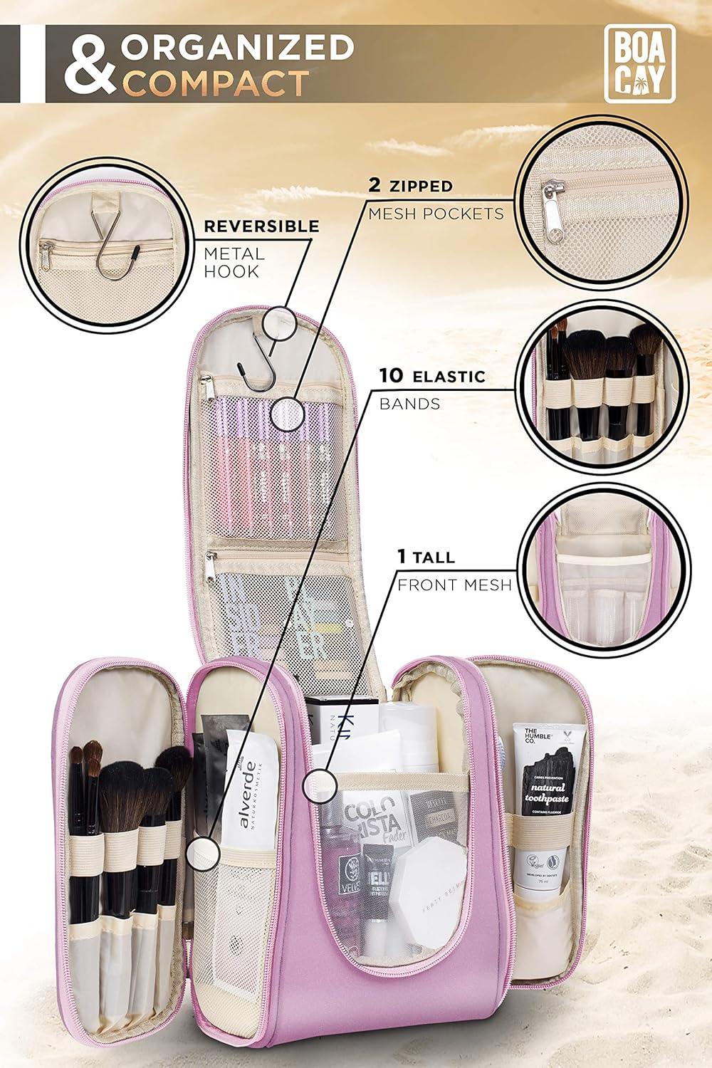 BOACAY Hanging Travel Toiletry Bag for Women and Men, Makeup Bag, Bathroom & Shower Organizer Kit for Accessories, Cosmetics, Travel Essentials