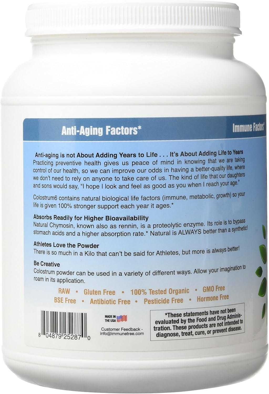 Immune Tree 100% Bovine Colostrum Powder, 661 Servings, 2.2lb (1 Kilo), Supports Anti-Aging, Healthy Immune System, Gut & Digestion, Muscles, & Wellness, Made in USA From Grass Fed, Grade A Dairy Cows
