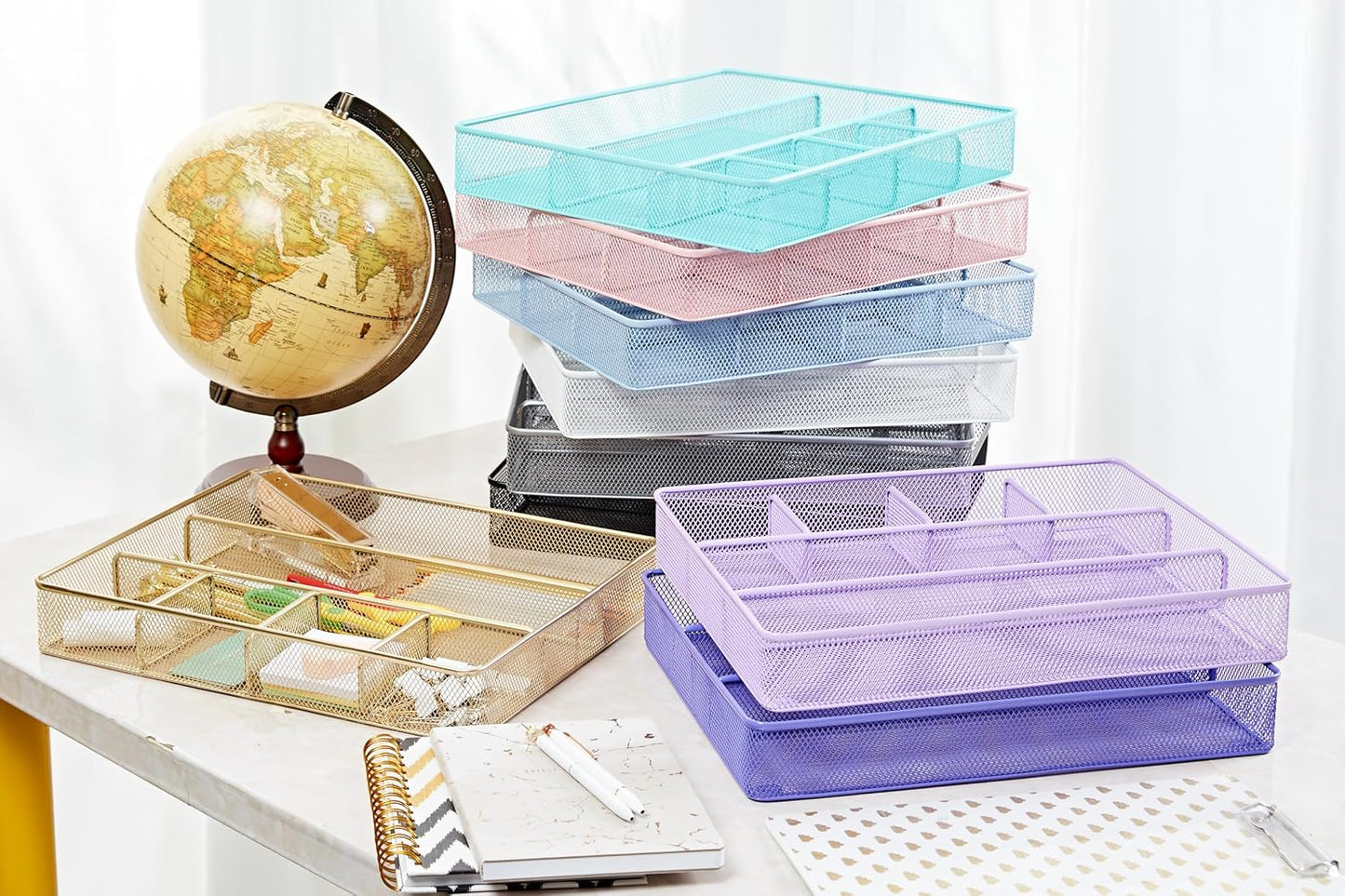 Annova Desk Drawer Organizer Tray for Office Organization - Metal Mesh - Storage Tray with Dividers for Pens, Desktop Accessories, Bathroom, Kitchen, Makeup and Office Supplies (Large) (Light Pink)