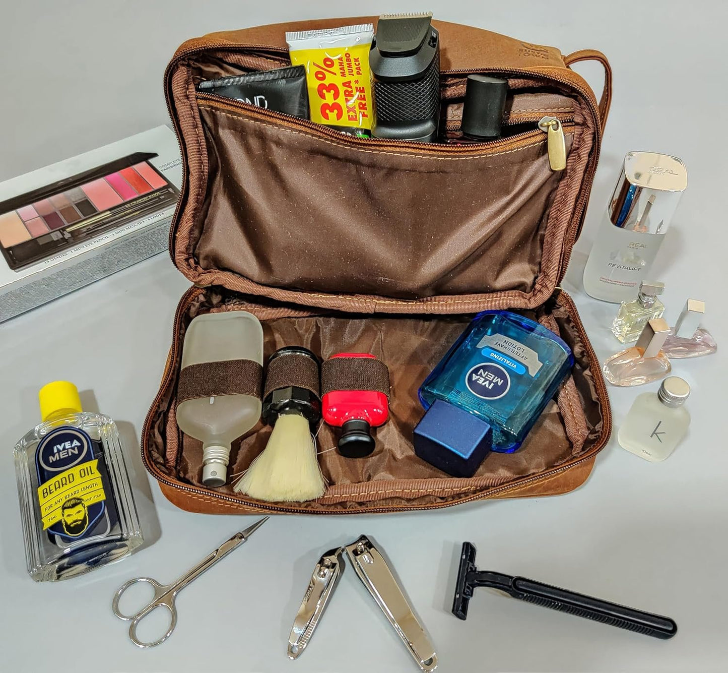 Leather Toiletry Bag for Men - Travel Shaving Dopp Kit - Bathroom Hygiene Toiletries Organizer - Cosmetic Makeup Bag for Women