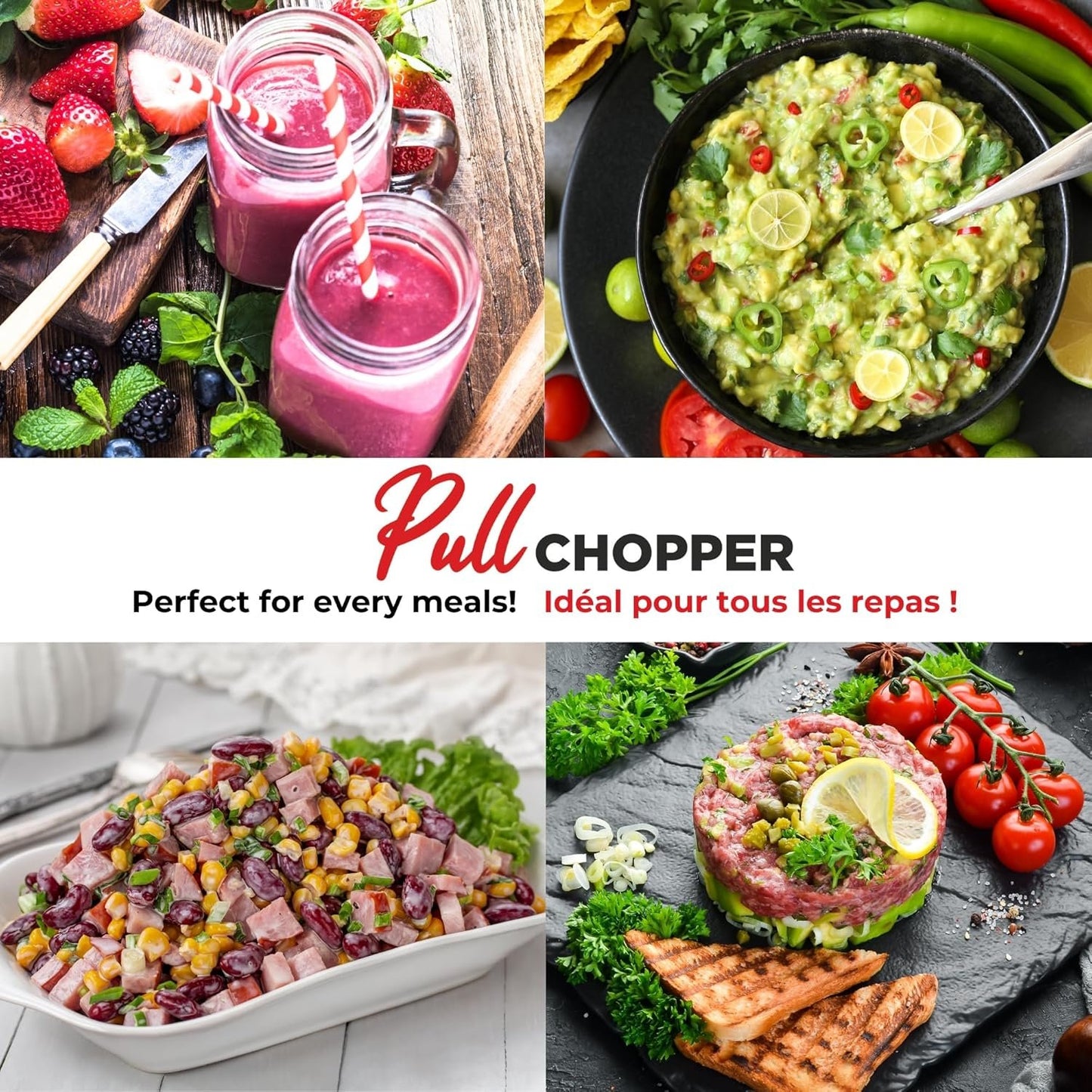 Starfrit Pull Chopper - Multi Purpose Manual Food Processor - Three Blade System for a Faster Cut - From Large Chunks to Purée - Self-Retracting Cord - Fruits, Vegetables, Meats and Crushes Ice