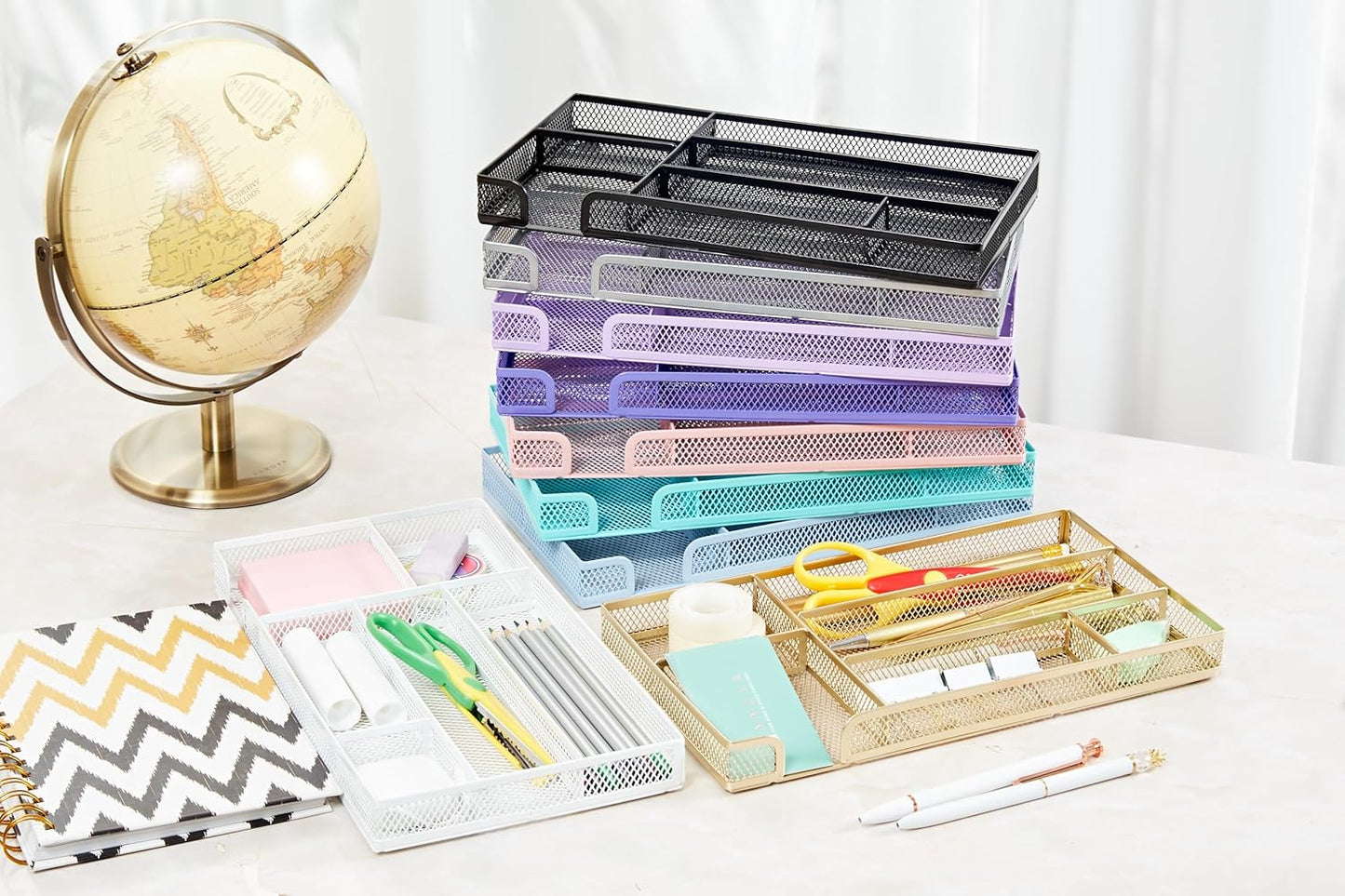 Annova Desk Drawer Organizer Tray for Office Organization - Metal Mesh - Storage Tray with Dividers for Pens, Desktop Accessories, Bathroom, Kitchen, Makeup and Office Supplies (Small) (Turquoise)