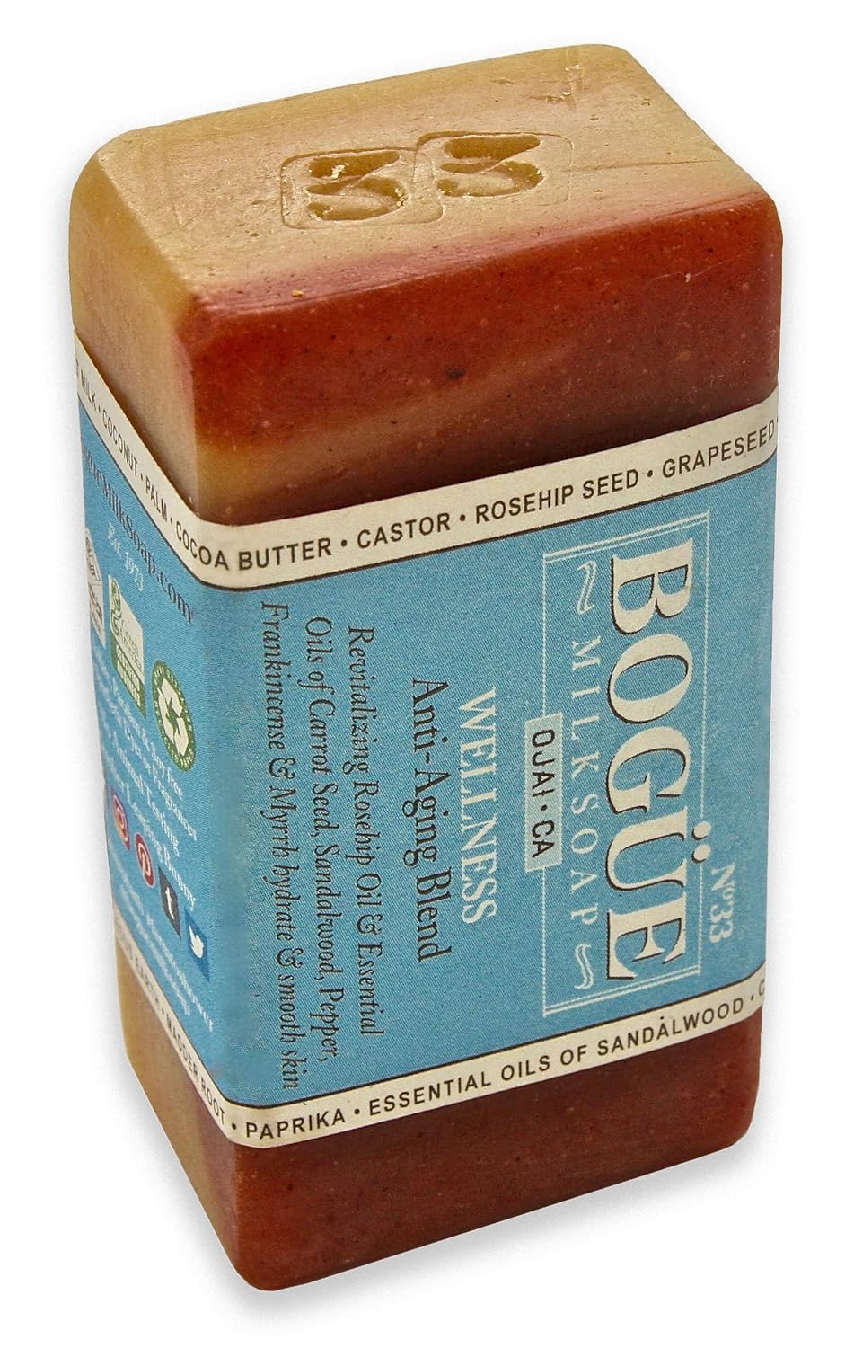 Handmade Goat Milk Soap- BOGUE No.33 WELLNESS Anti-Aging Blend Revitalizing Rosehip Oil & Essential Oils of Carrot Seed, Sandalwood, Pepper, Frankincense & Myrrh hydrate & smooth skin