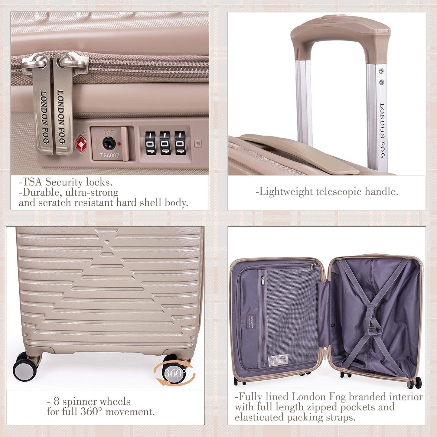 london Fog ABS Hard Case - 8 Wheel Spinner Travel Luggage | Telescopic Drag Handle | TSA Security Locks LFL005, champagne, Suitcase