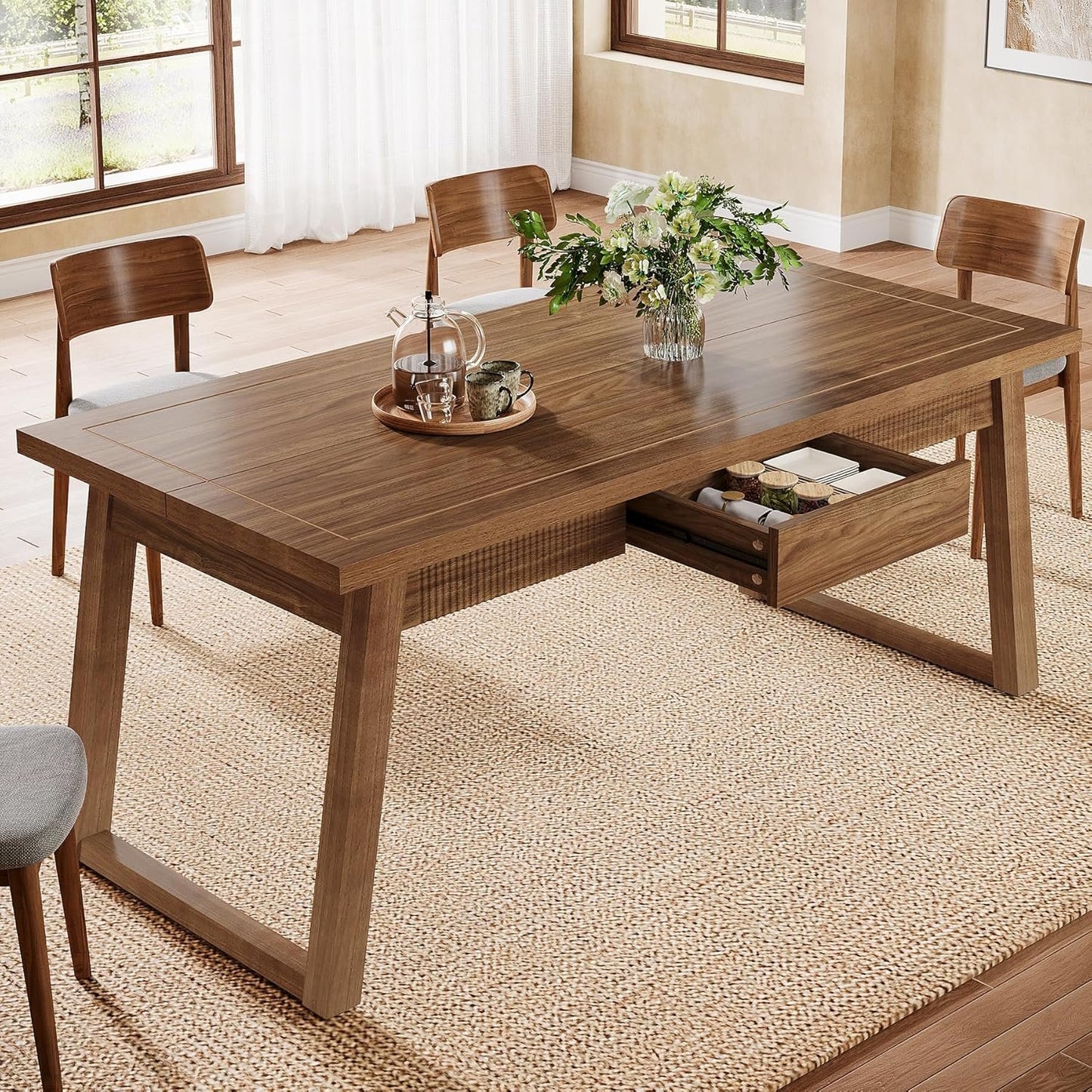 Tribesigns 55'' Dining Table with Storage Drawer, Rectangular Dinner Kitchen Table with Solid Wood Legs for 4-6 People, Mid-Century Modern Desk for Dining Room, Walnut Brown