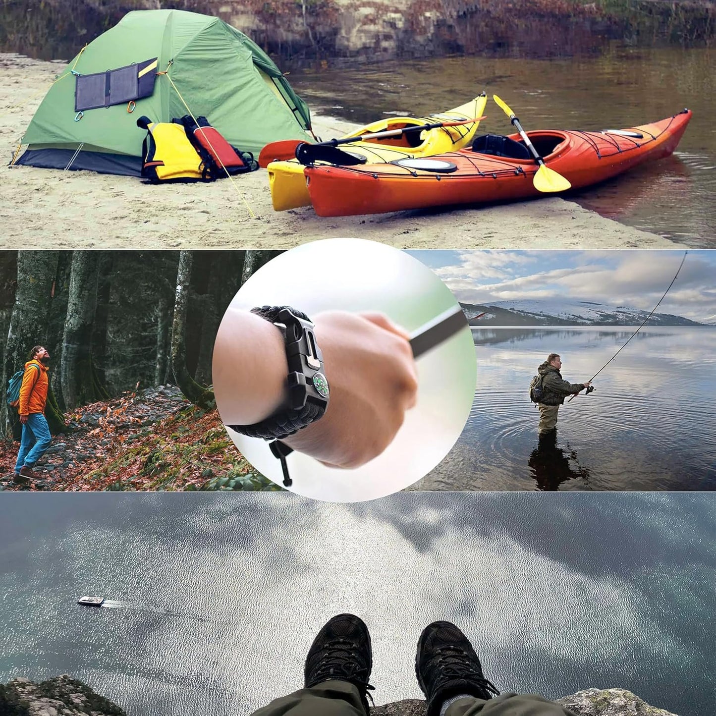 aZengear Paracord Survival Bracelets - Compass, Flint Fire Starter, Whistle, Adjustable Wrist Size - Camping, Hiking, Emergency Kit (Black & Orange, Pair)