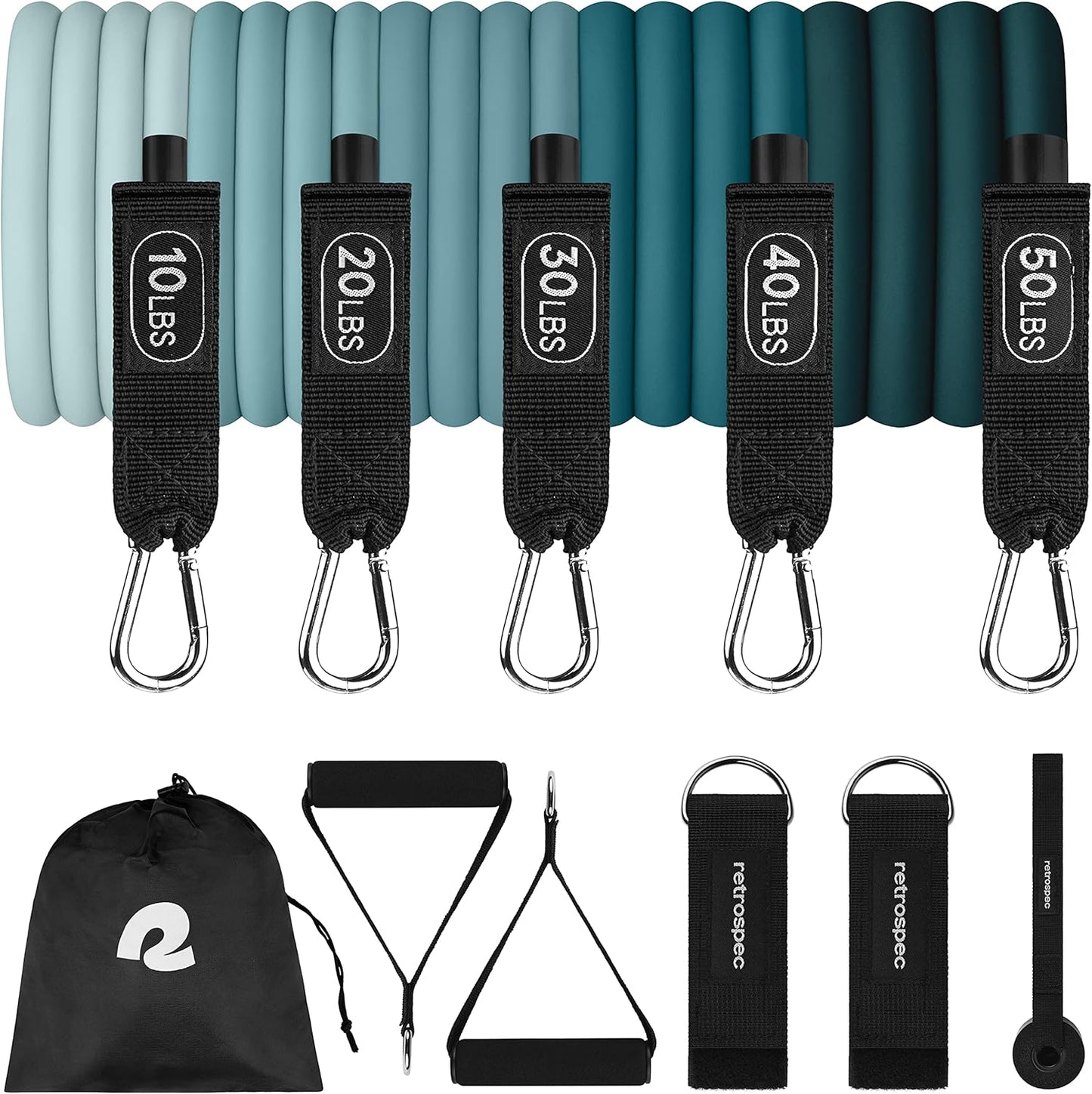 Retrospec Train Resistance Bands Set (5pc) Workout Bands w/Handles, Door Anchor, Carry Bag for Women & Men