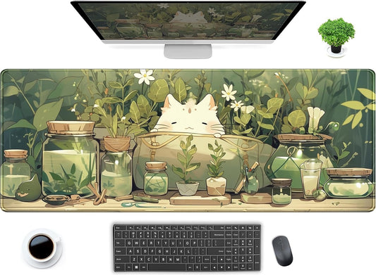 Cute Kawaii White Cat Anime Green Plant Leaves Desk Mat Large Mouse Pad Gaming Desk Pad, XL Extended Mousepad Desk Accessories for Women Office Decor Long Laptop Keyboard Mouse Mat 31.5x11.8 in