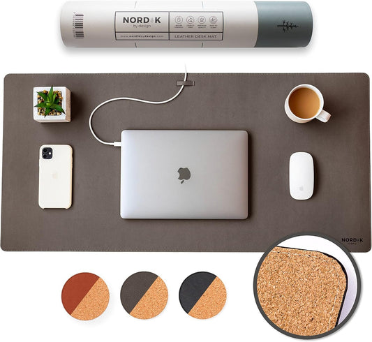 Nordik Cork Leather Desk Mat Cable Organiser (Gunmetal Grey 89 X 43 cm) Premium Extended Mouse Mat for Home Office Accessories - Non-Slip Vegan Leather Desk Pad Protector & Desk Blotter Pad Mousepad