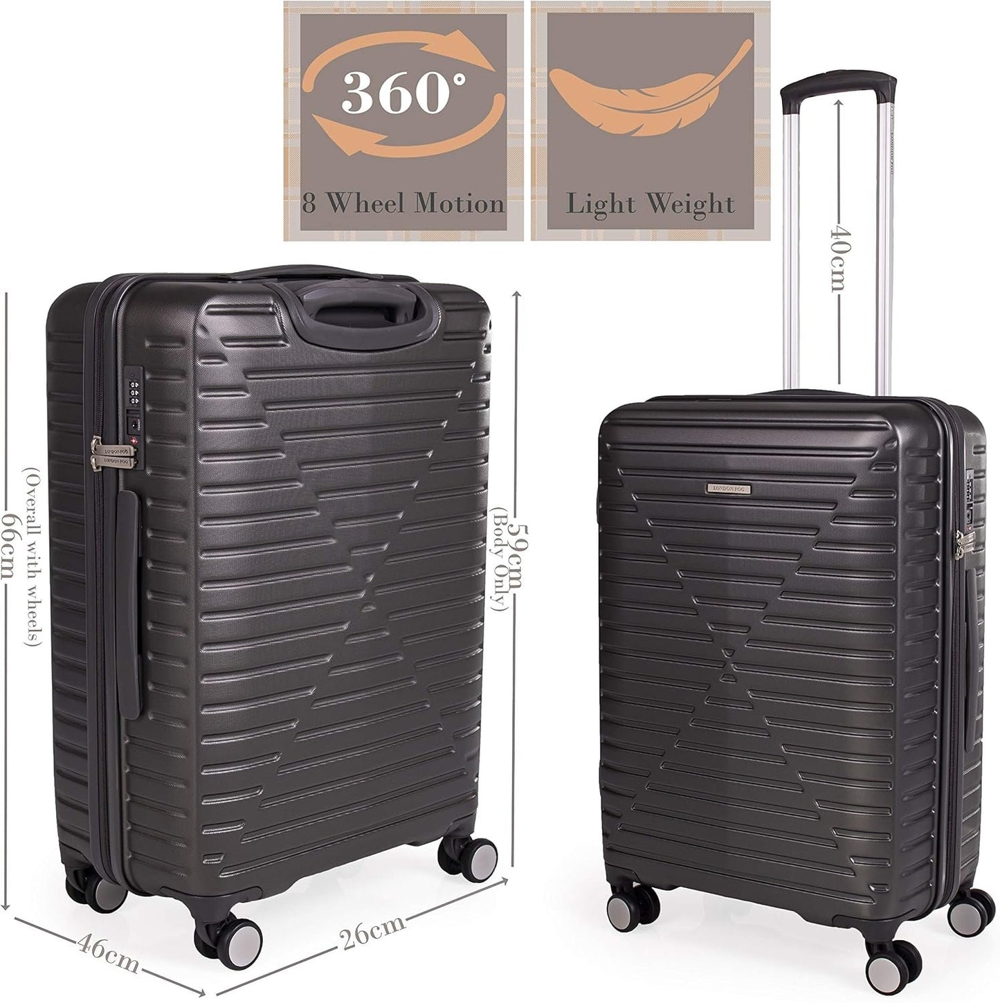 london Fog ABS Hard Case - 8 Wheel Spinner Travel Luggage | Telescopic Drag Handle | TSA Security Locks LFL005, dark grey, Cavendish