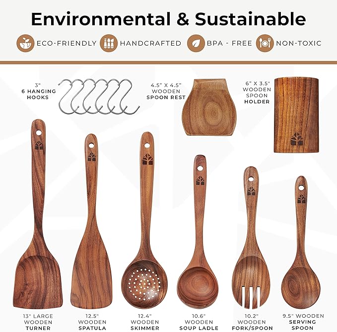 Wooden Utensil Set, Wooden Spoons for Cooking, Wooden Cooking Utensils Set with Holder, Spoon Rest & Hooks, Teak Wood Nonstick Kitchen Cookware – 8 Piece set of wooden utensils with 6 Metal Hooks
