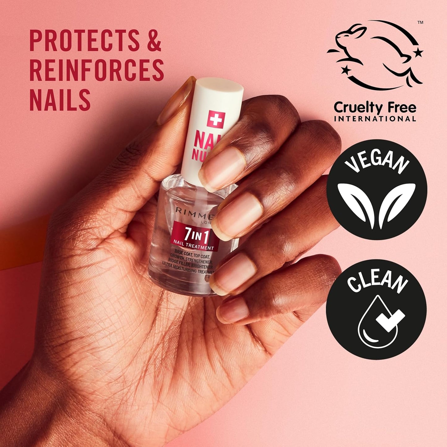 Rimmel London, Nail Care 7 in 1 Base & Top Coat Strengthens, Smoothes and Protects Colour, Vegan Formula Fast Drying 12ml
