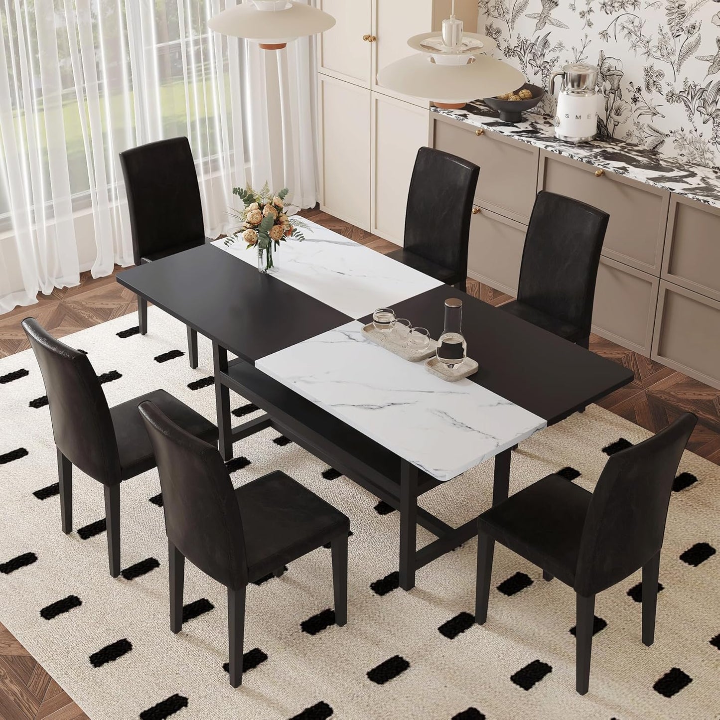 Dinner Table Set for 6, 71" Modern Dining Table Set for 6, Black and White Splicing Tabletop with Storage Shelf, Faux Marble Dining Table and 6 Upholstered Chairs for Kitchen, Dining Room