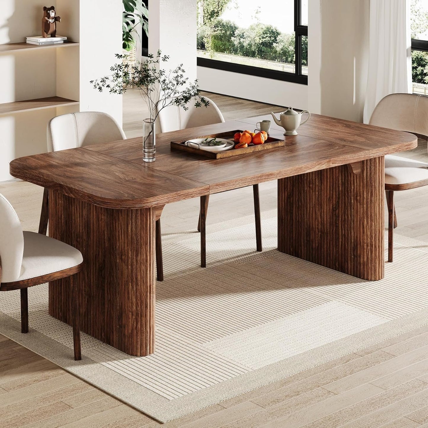 Tribesigns Farmhouse Dining Table for 4-6 People, 62-Inch Modern Kitchen Table with Double Robust Pedestal, Long Rectangular Wooden Dinner Table for Dining Room (Only Table) (Brown)