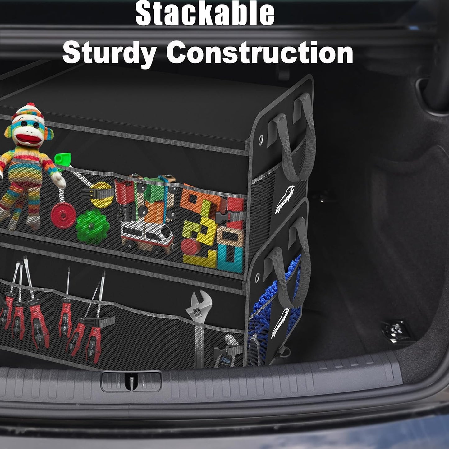 EPAuto Car Trunk Foldable Multi-Compartment Car Organizer with Removal Lid, Securing Straps and Buckles for Folding, Black