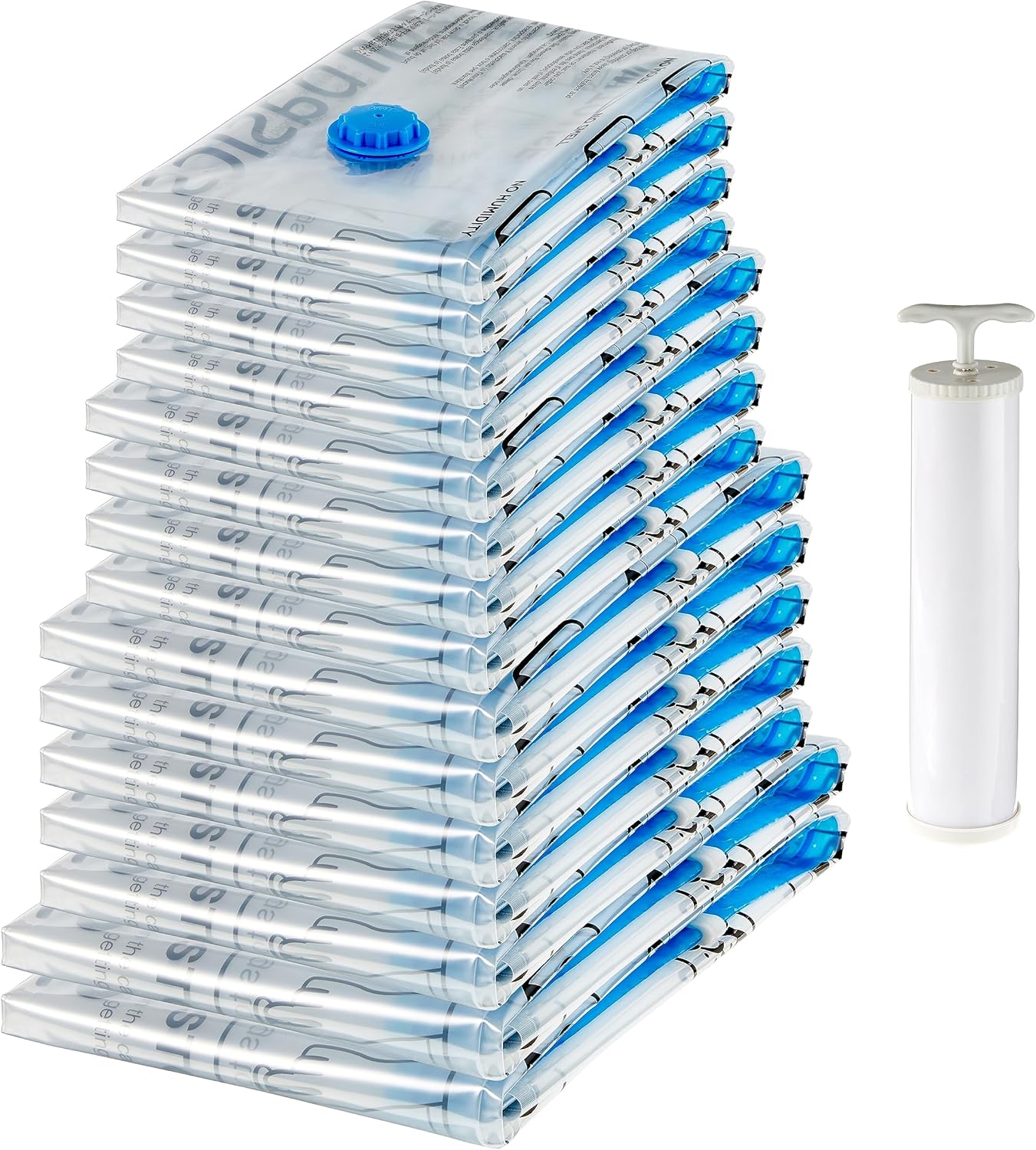 Amazon Basics Zipper Vacuum Bags with Hand Pump, Pack of 15, 2 X Jumbo, 5 Jumbo, 4 Large, 4 Medium, Clear