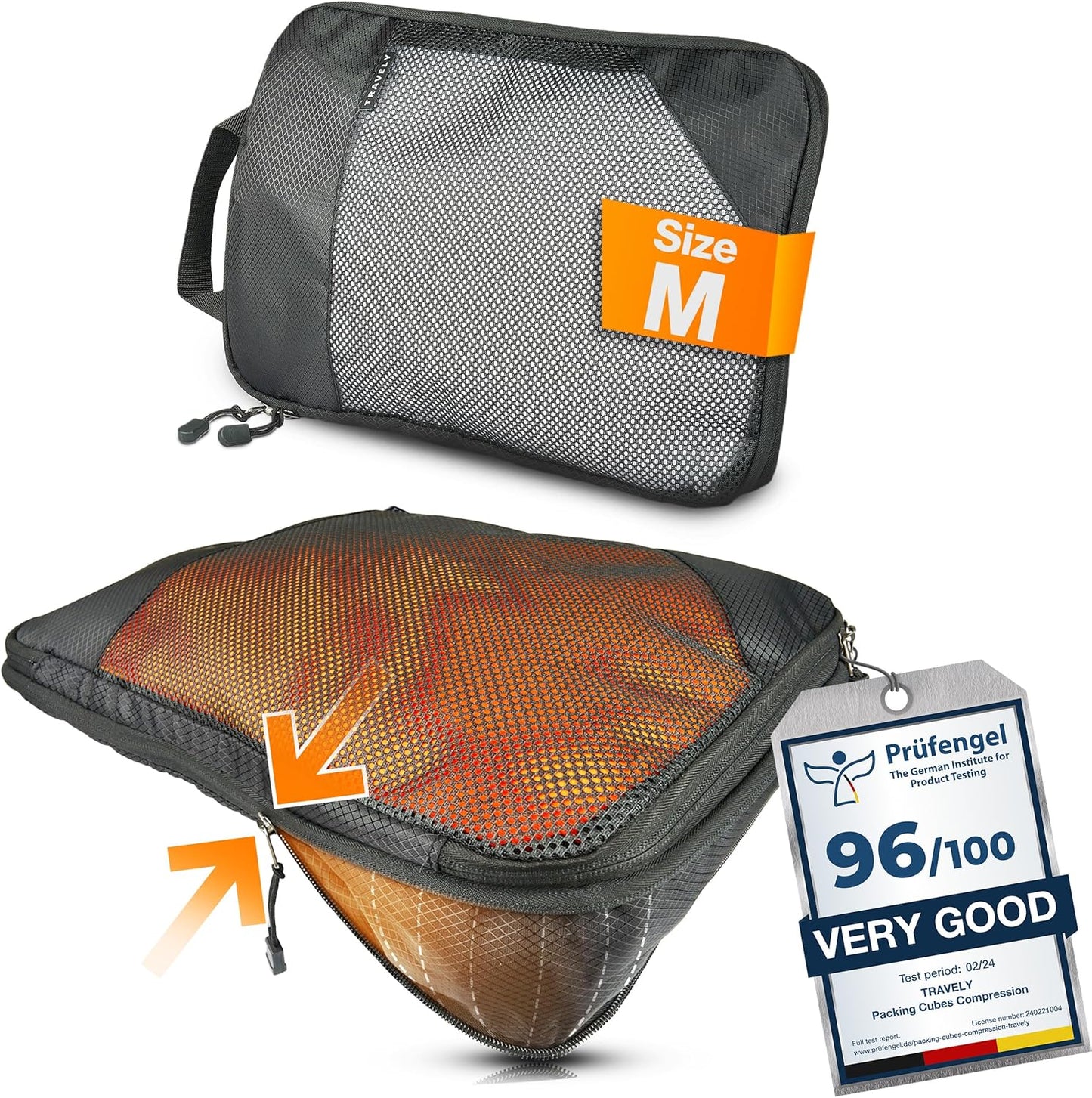TRAVELY Packing Cube Compression - Size M - Black Polyester Packing Bag with Zipper Closure - Space-Saving Compression for Travel Organization