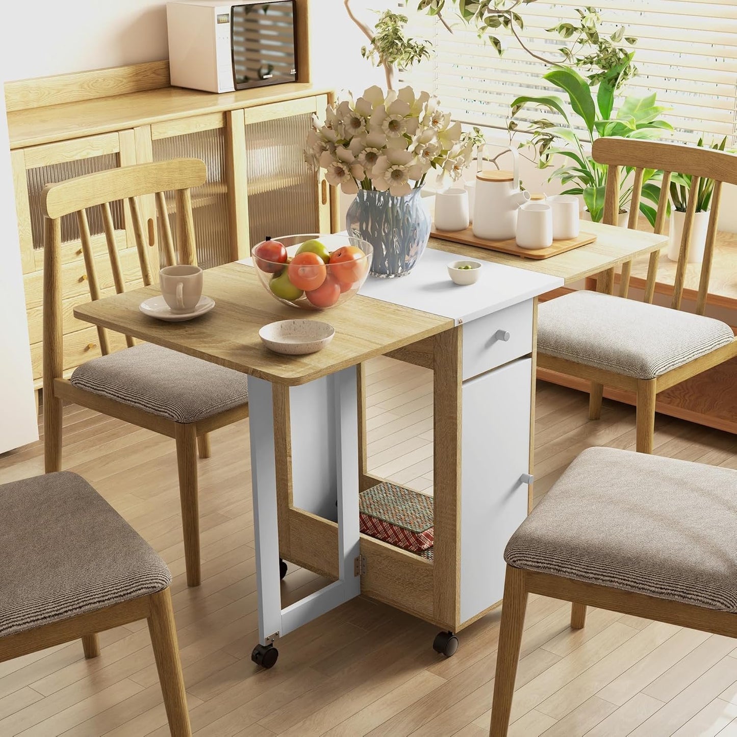HOMCOM Foldable Dining Table, Collapsible Drop Leaf Table with 2 Drawers, Cabinet and Caster Wheels, Folding Kitchen Table for Small Spaces, Dining Room, Oak