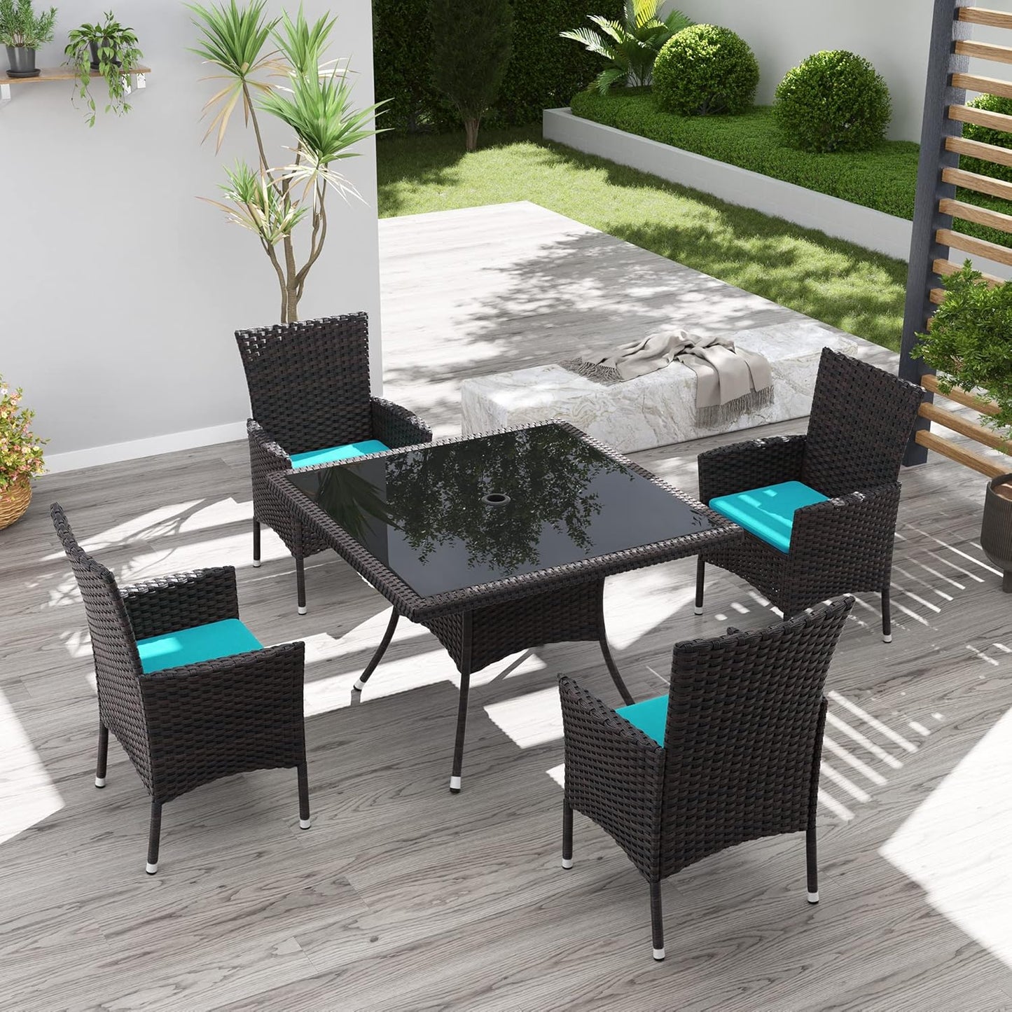 Kurapika 5-Piece Patio Furniture Outdoor Dining Set, Wicker Rattan Patio Dining Table and Chairs Set, Square Tempered Glass Tabletop with Umbrella Hole and 4 Chair Set, Blue