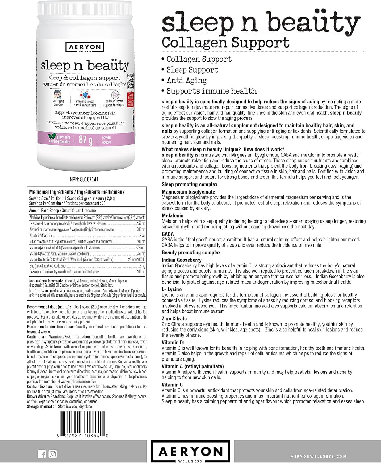 Sleep n Beaüty by Aeryon Wellness - Natural Sleep Aid - Supports Immunity & Collagen Formation - Naturally Calm Mind & Body for Restful Sleep - Natural Sleep Vitamin (Ginger Mint Flavour, 30 servings)