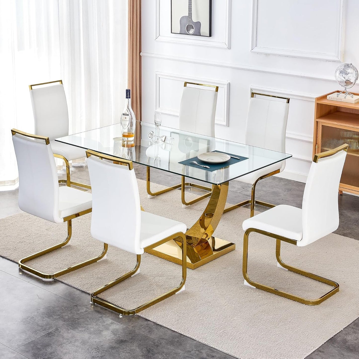 WEKEOT Modern Dining Table Rectangle Kitchen Table Tempered Glass Tabletop with Golden Leg Dinner Table for Dining Room, Office, Restaurant (160CM, Glass Tabletop and Golden Leg)