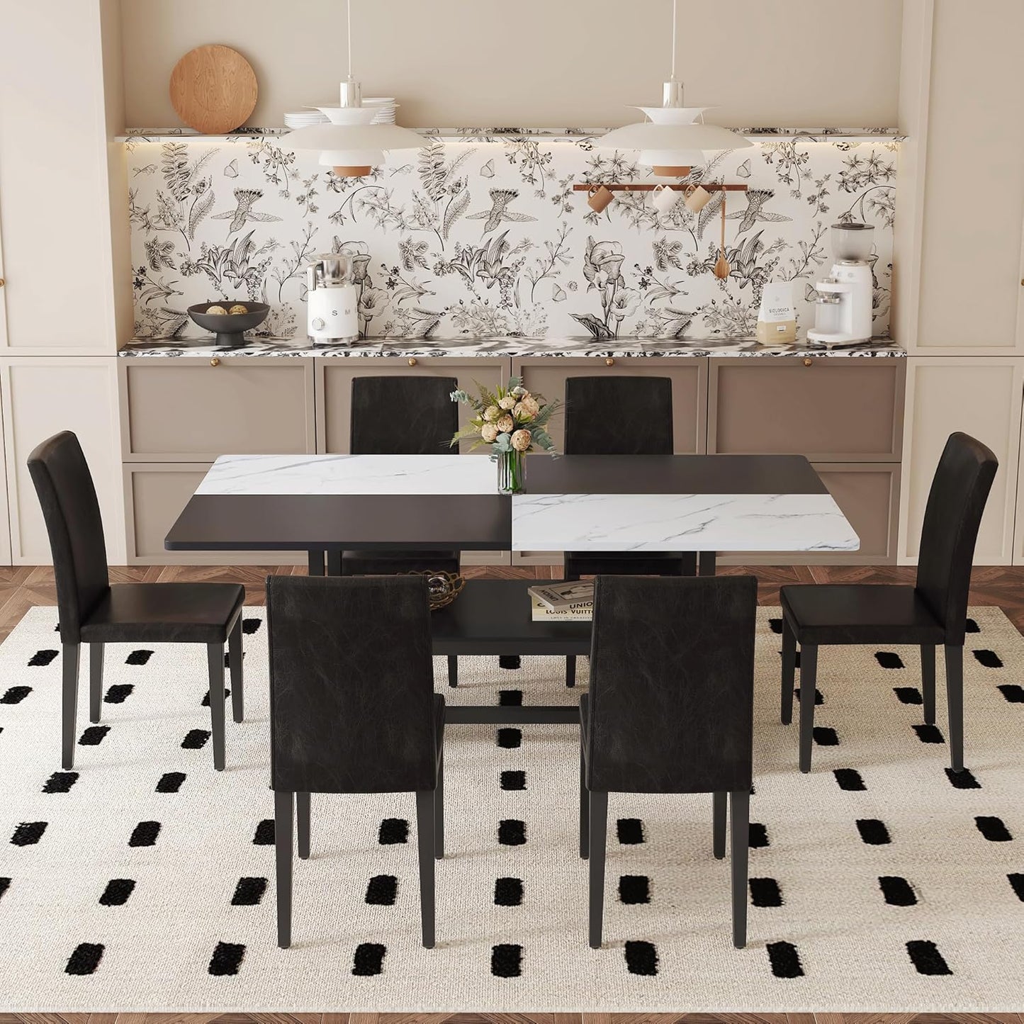 Dinner Table Set for 6, 71" Modern Dining Table Set for 6, Black and White Splicing Tabletop with Storage Shelf, Faux Marble Dining Table and 6 Upholstered Chairs for Kitchen, Dining Room
