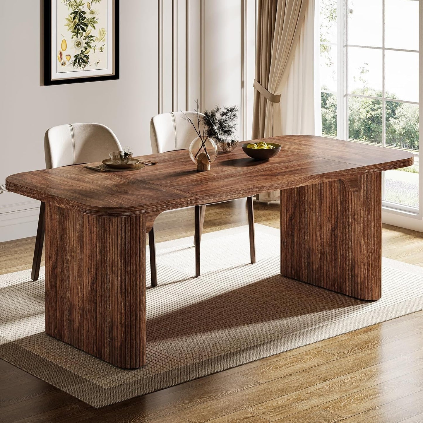 Tribesigns Farmhouse Dining Table for 4-6 People, 62-Inch Modern Kitchen Table with Double Robust Pedestal, Long Rectangular Wooden Dinner Table for Dining Room (Only Table) (Brown)