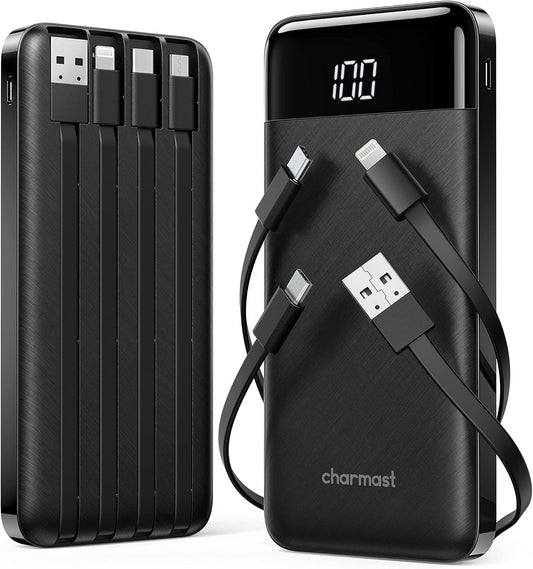 2 Pack of Portable Chargers with Built in Cables, 2PCS Slim 10000mAh Travel Essentials Battery Pack 6 Outputs 3A Power Banks for iPhone Samsung Pixel LG Moto iPad (Black + Black)