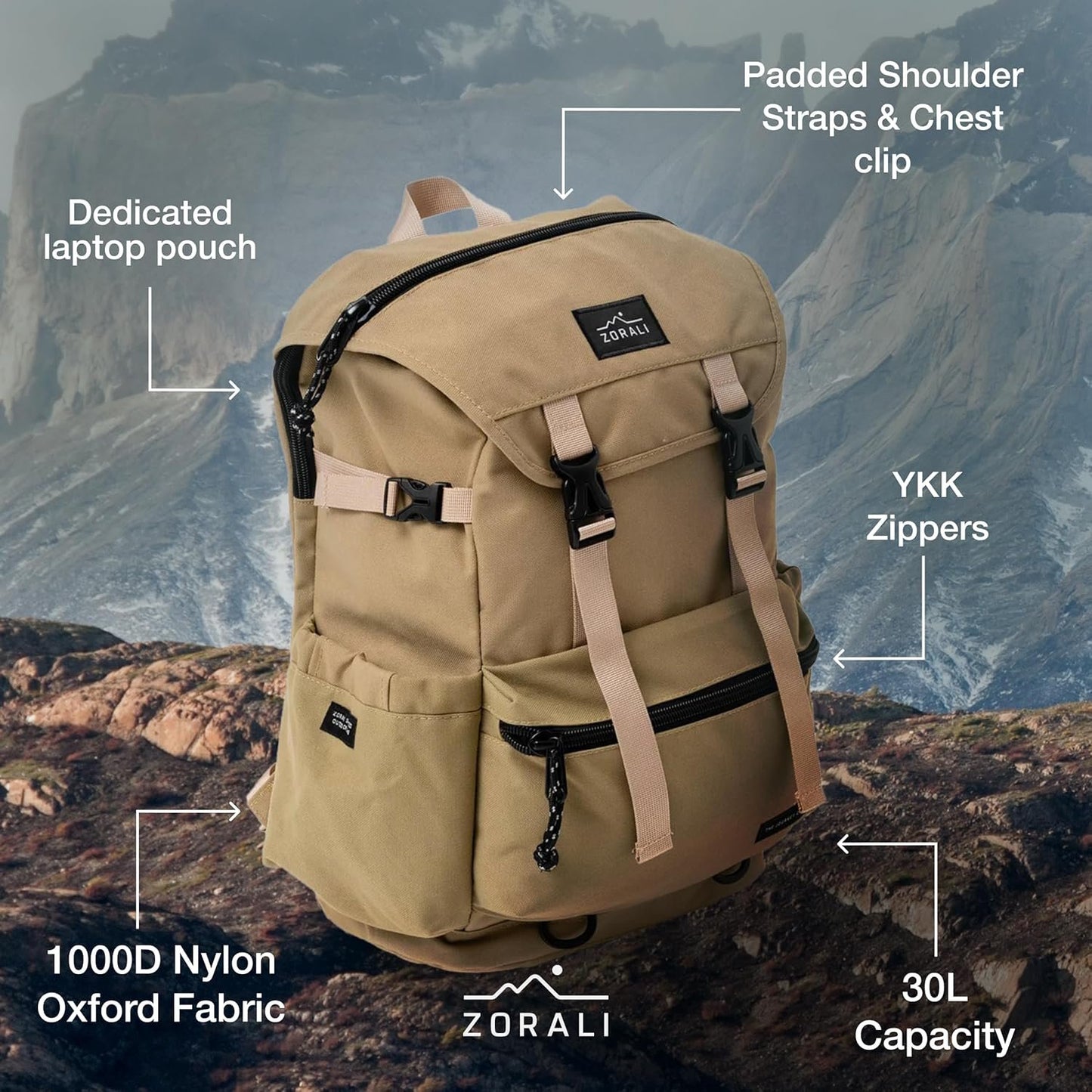 ZORALI Escapade Travel Backpack 30L – Durable Carry On Backpack for Men & Women, Sustainably Designed Hiking Backpack, Waterproof Outdoor Sports Rucksack & Casual Daypack – Travel Essentials