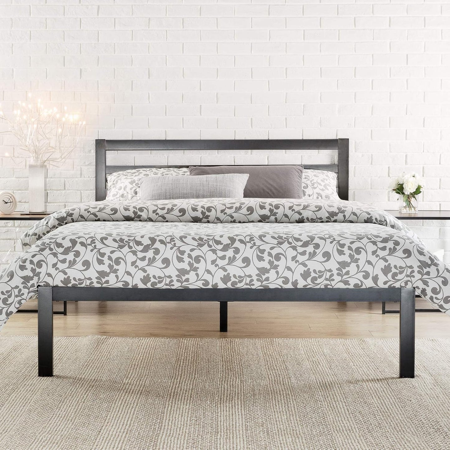 Zinus Mia Single Black Bed Frame Modern Metal Steel Headboard Furniture Mattress Platform with Under Bed Storage, Black